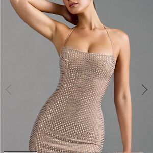 Oh Polly Nude Beige Strapless Crystal Studded Bodycon Dress